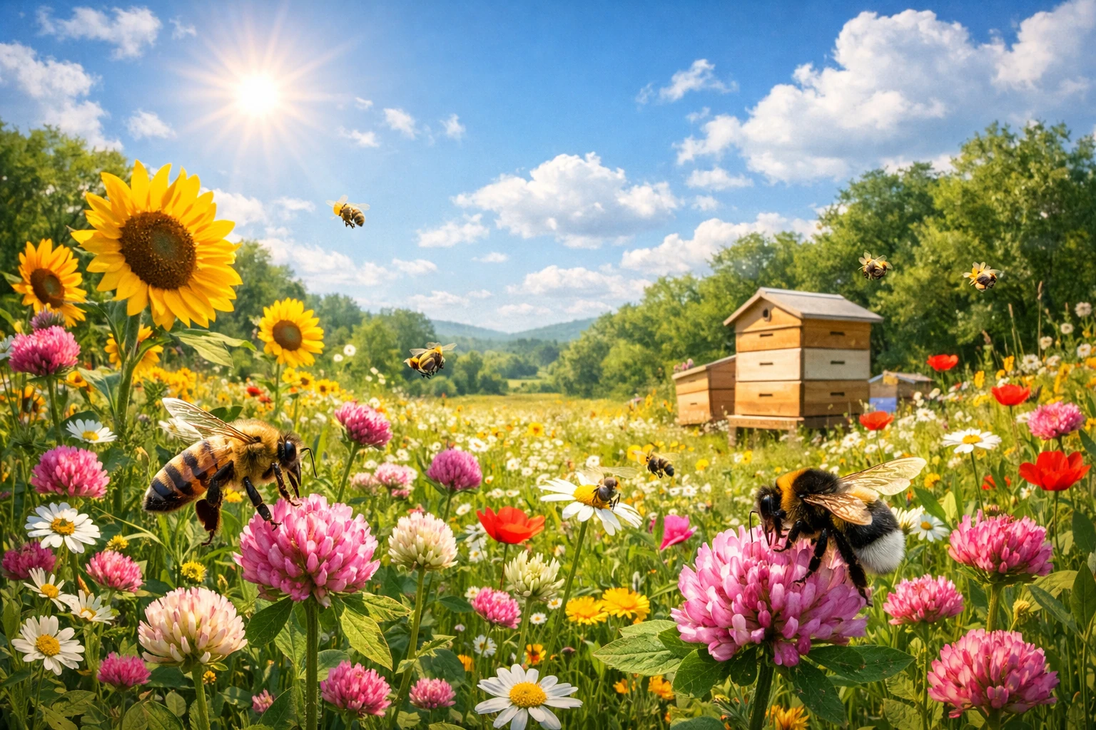 Bin som flyger över ett blommande solrosfält